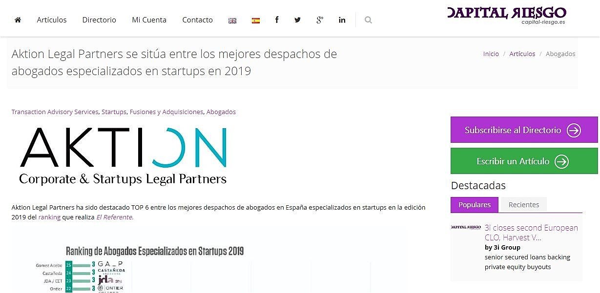 Aktion Legal Partners se sita entre los mejores despachos de abogados especializados en startups en 2019